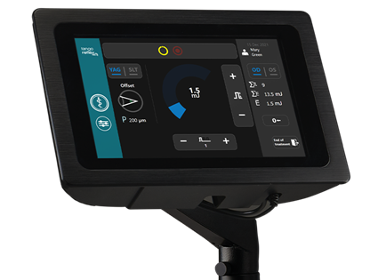 Ambidextrous controls within easy reach at the slit lamp