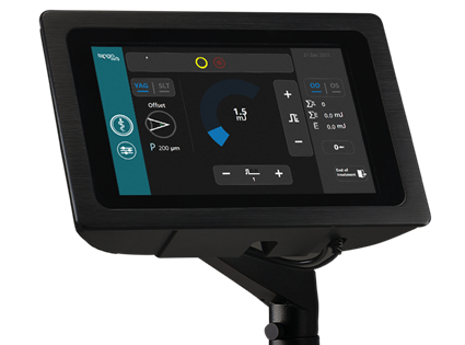 Ambidextrous controls within easy reach at the slit lamp